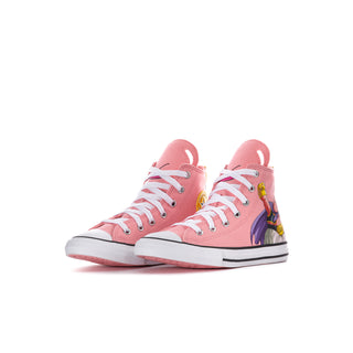 Kids pink high-top sneakers, side view with cartoon graphic and white lace-up