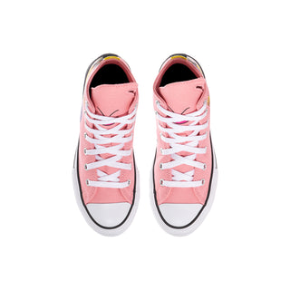 Kids pink high-top sneakers with white laces and black rubber toe cap, top view