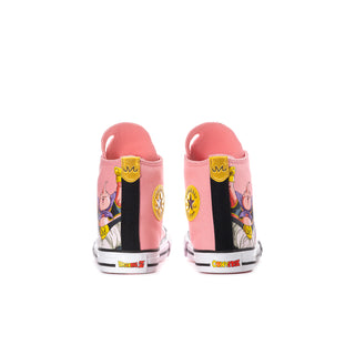 Kids pink high-top sneakers with cartoon heel and ankle patch, back view