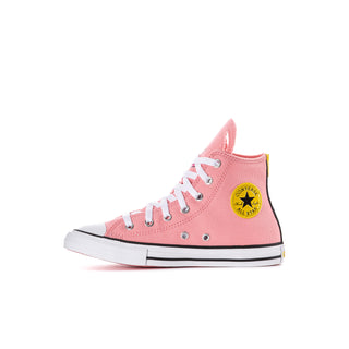 Kids pink high-top sneakers front view with white laces and yellow Converse patch