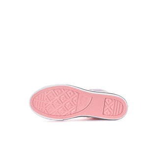Kids pink high-top sneaker outsole with textured tread pattern and rubber toe cap