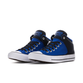 Men's mid-top sneakers pair in blue and black with white rubber toe and Converse All Star.