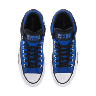 Men's lace-up mid-top sneakers front view in blue with black heel and white toe cap.