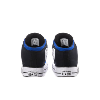 Men's mid-top sneakers from back view in blue and black with white Converse All Star details.