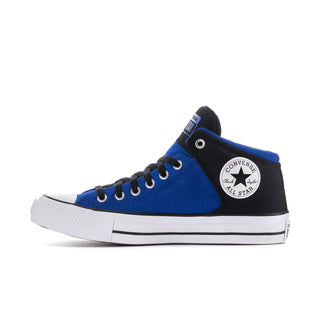 Men's mid-top sneakers in blue and black with lace-up front, white sole, and Converse All Star.