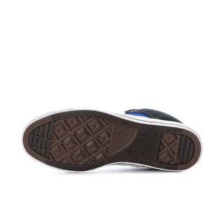 Men's sneaker outsole with textured tread and white midsole edge on blue-and-black upper.