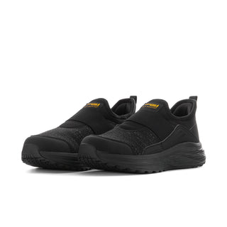 Women's black slip-on sneaker with textured upper and rounded toe, side view