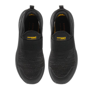Women's black slip-on sneakers, front view with logo patch and padded collar