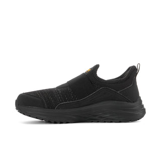 Women's black slip-on sneaker, side profile with knit paneling and rubber outsole