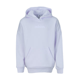 Youth lavender pullover hoodie with front pocket, drawstring hood, adidas logo