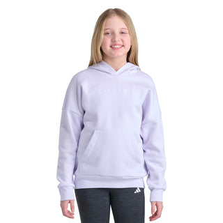 Youth lavender pullover hoodie on model, drawstring hood and front pocket, adidas logo