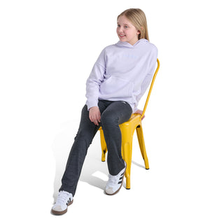 Youth lavender pullover hoodie, kangaroo pocket and drawstring hood, adidas logo, side view