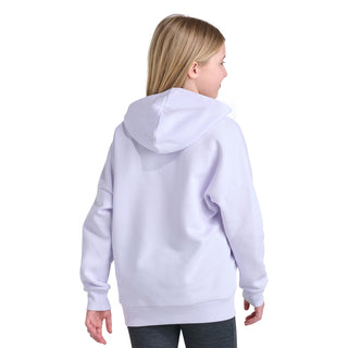 Youth lavender pullover hoodie back view, drawstring hood and long sleeves