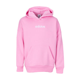 Pink youth pullover hoodie with hood, kangaroo pocket, and adidas logo