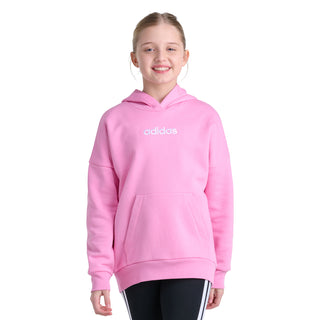 Pink youth pullover hoodie with hood and adidas logo, worn by child