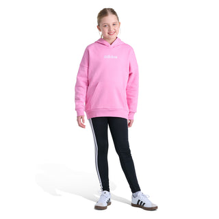 Pink youth pullover hoodie with hood and kangaroo pocket; child standing
