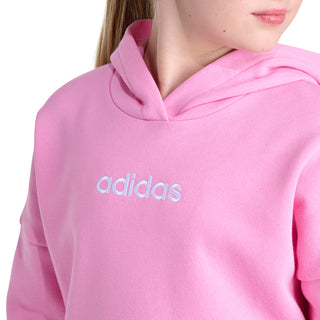 Pink hoodie chest closeup with adidas logo and drawstring hood