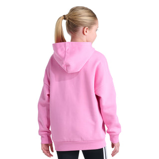 Pink youth pullover hoodie back view with hood and kangaroo pocket
