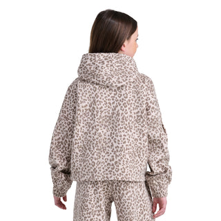 Youth leopard print hoodie from back view with pullover hood