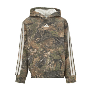 Youth camouflage pullover hoodie with hood, kangaroo pocket, and white striped sleeves