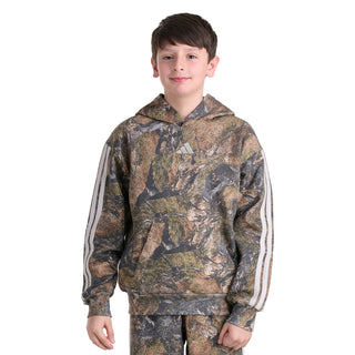 Youth camouflage pullover hoodie with hood and white triple-stripe sleeves