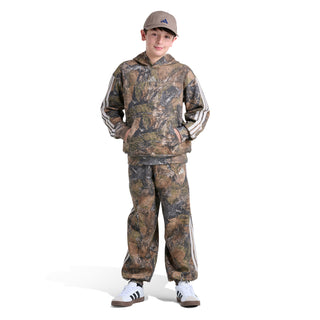Youth camouflage pullover hoodie with hood and white striped sleeve details