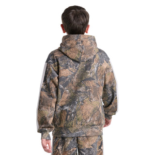 Youth camouflage pullover hoodie back view with hood and all-over camo print