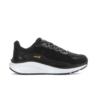 Women’s black wide running sneaker with white sole and pale gold accent details