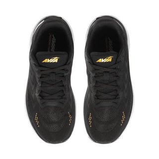 Women’s black wide sneaker top view with lace-up closure and pale gold branding