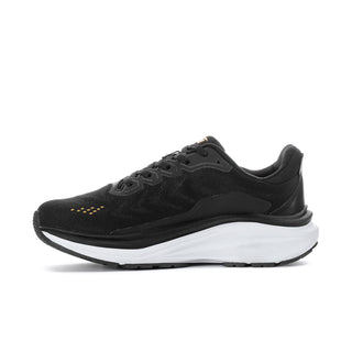Women’s black wide running shoe side view with white sole and pale gold details