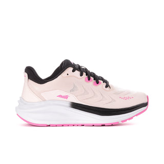 Women's wide-fit running shoe, blush upper with black trim and pink outsole.