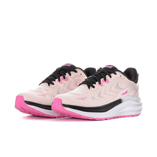 Women's wide-fit running shoes, blush upper with black laces and pink outsole.