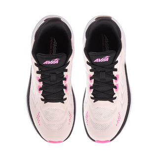 Women's wide-fit running shoes, blush mesh with black laces and pink logo details.