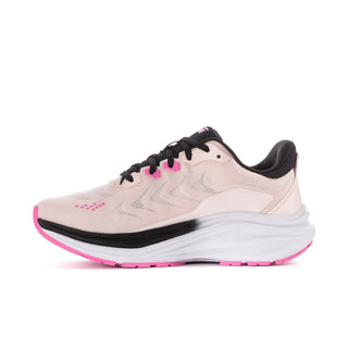 Women's wide-fit running shoe, blush upper with black side details and pink outsole.
