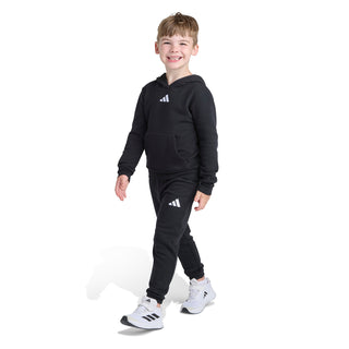 Kids black fleece hoodie and jogger set with small adidas logo, full body