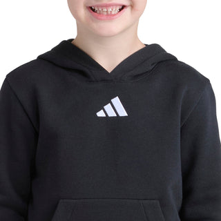 Kids black fleece hoodie with adidas logo on chest and front pocket