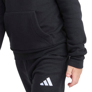 Kids black fleece hoodie and jogger set with adidas logos, close-up
