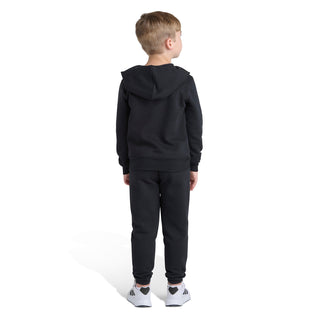 Kids black fleece hoodie and joggers set with adidas logo, back view
