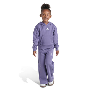 Kids violet fleece set with hoodie and joggers, white logo on chest and leg