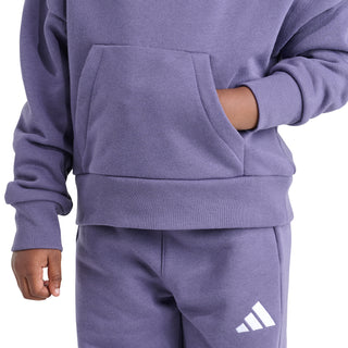 Kids violet fleece hoodie and joggers close-up, white logo on leg