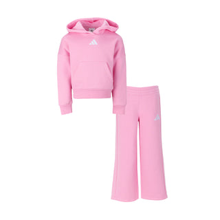 Kids pink fleece hoodie and pants set with small logo at chest