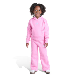 Kids pink fleece tracksuit set with hoodie and jogger pants, full-body view