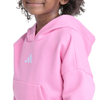 Kids pink fleece hoodie with hood and kangaroo pocket, small logo on chest