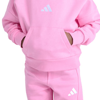 Kids pink fleece hoodie and jogger pants set, logo detail on chest and leg