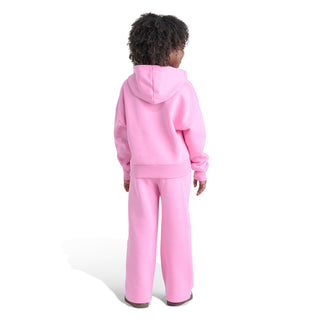 Kids pink fleece hoodie and pants set, back view with hood and logo marks