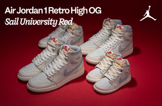 Air Jordan 1 Retro High OG Sail University Red sneakers on a red background with Jordan logo.