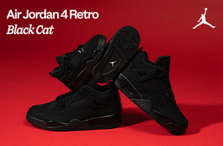 Black Jordan 4 Retro sneakers on a red background with Jordan logo. Black Cat Launch