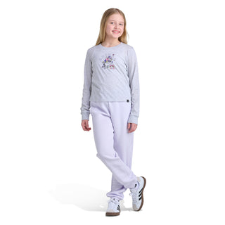 Youth light purple jogger pants with elastic cuffs and side logo