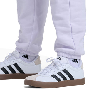 Light purple fleece jogger cuffs with side logo patch and stitched seams