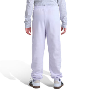 Light purple fleece jogger pants with elastic waistband and ankle cuffs